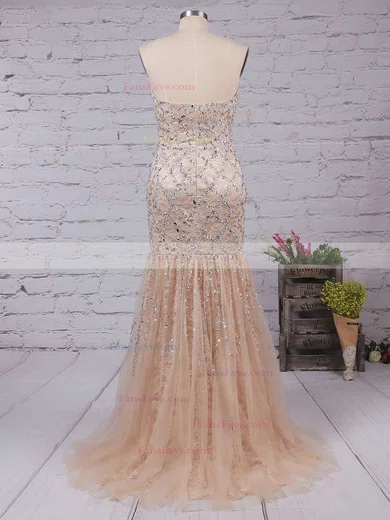 Trumpet/Mermaid Sweetheart Lace Tulle Sweep Train Beading Prom Dresses #Favs02023522