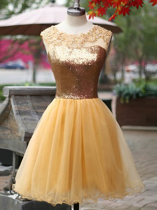 Cute Scoop Neck Gold Tulle Sequined Open Back Short/Mini Prom Dress #Favs02016919 Cute Scoop Neck Gold Tulle Sequined Open Back Short/Mini Prom Dress #Favs02016919