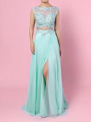 A-line Scoop Neck Chiffon Sweep Train Appliques Lace Prom Dresses #Favs020105059 A-line Scoop Neck Chiffon Sweep Train Appliques Lace Prom Dresses #Favs020105059