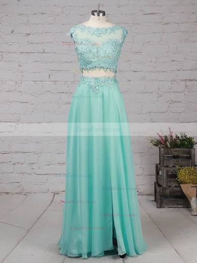 A-line Scoop Neck Chiffon Sweep Train Appliques Lace Prom Dresses #Favs020105059