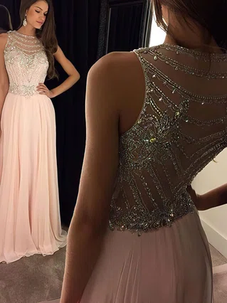 A-line Scoop Neck Chiffon Floor-length Beading Prom Dresses #Favs020100026