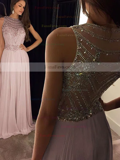 A-line Scoop Neck Chiffon Floor-length Beading Prom Dresses #Favs020100026