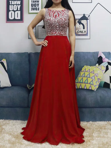 A-line Scoop Neck Chiffon Floor-length Beading Prom Dresses #Favs020105045