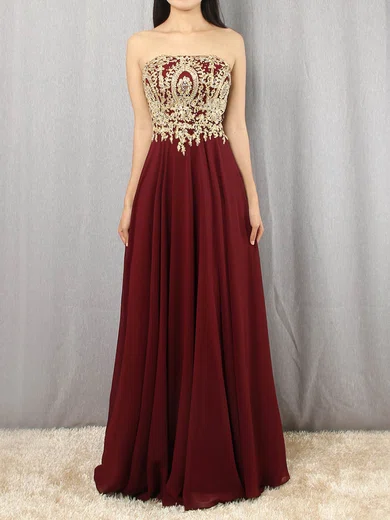 A-line Strapless Chiffon Floor-length Beading Prom Dresses #Favs020105046