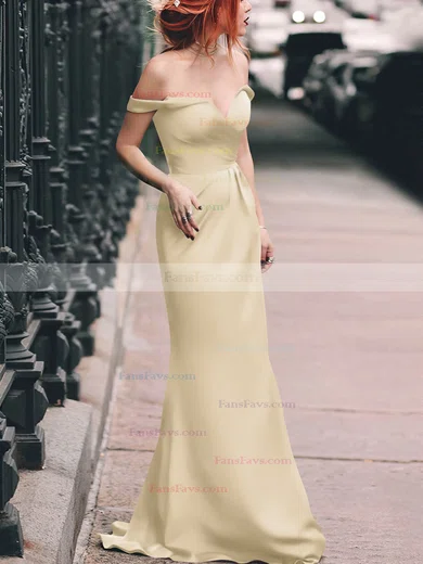 Sheath/Column Off-the-shoulder Silk-like Satin Floor-length Split Front Prom Dresses #Favs020105047