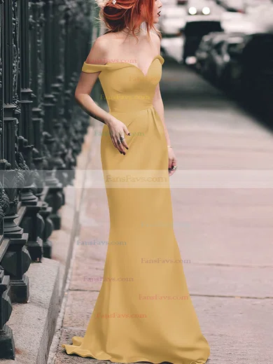 Sheath/Column Off-the-shoulder Silk-like Satin Floor-length Split Front Prom Dresses #Favs020105047