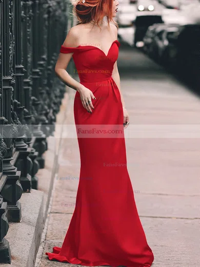 Sheath/Column Off-the-shoulder Silk-like Satin Floor-length Split Front Prom Dresses #Favs020105047