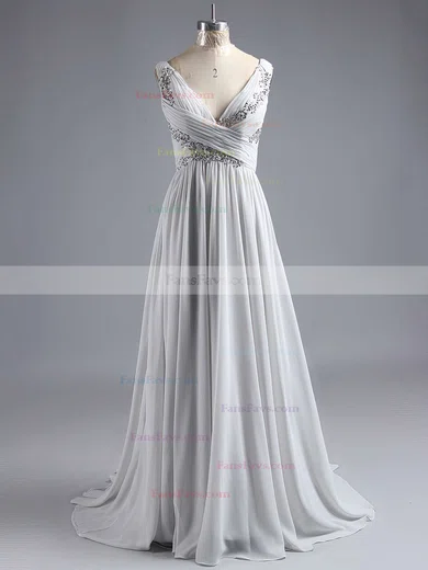 A-line V-neck Chiffon Floor-length Appliques Lace Prom Dresses #Favs020101225