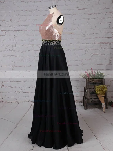 A-line Scoop Neck Satin Sequined Floor-length Beading Prom Dresses #Favs020105061