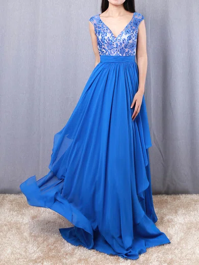 A-line V-neck Chiffon Floor-length Appliques Lace Prom Dresses #Favs020105064