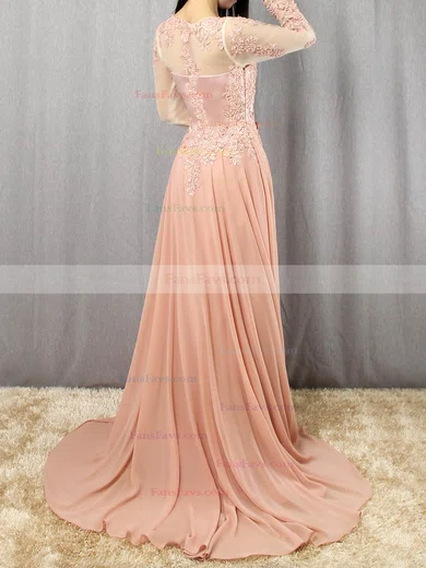 A-line V-neck Chiffon Sweep Train Beading Prom Dresses #Favs020105065