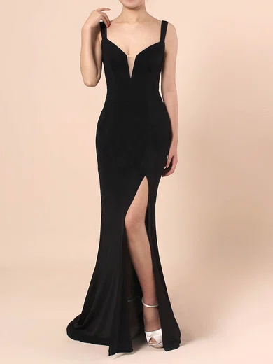 Sheath/Column V-neck Jersey Sweep Train Split Front Prom Dresses #Favs020105069