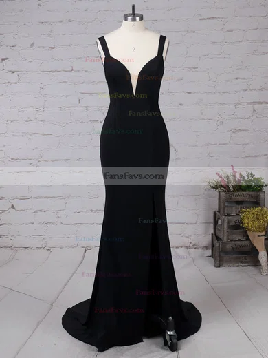 Sheath/Column V-neck Jersey Sweep Train Split Front Prom Dresses #Favs020105069