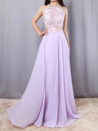 A-line Scoop Neck Chiffon Sweep Train Beading Prom Dresses #Favs020105074