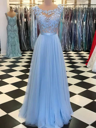A-line Scoop Neck Tulle Sweep Train Appliques Lace Prom Dresses #Favs020105076 A-line Scoop Neck Tulle Sweep Train Appliques Lace Prom Dresses #Favs020105076