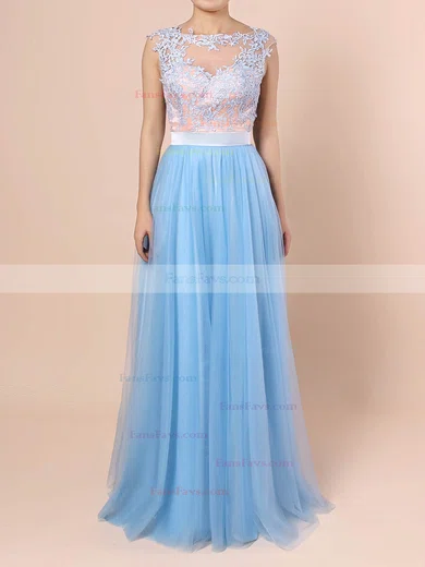 A-line Scoop Neck Tulle Sweep Train Appliques Lace Prom Dresses #Favs020105076