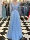 A-line Scoop Neck Tulle Sweep Train Appliques Lace Prom Dresses #Favs020105076