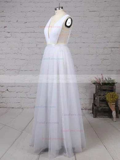 A-line V-neck Tulle Floor-length Sashes / Ribbons Prom Dresses #Favs020105079