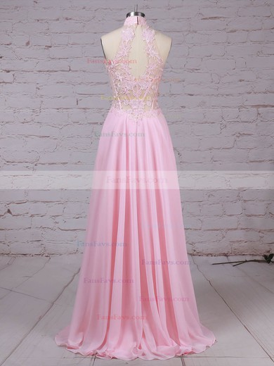 A-line High Neck Chiffon Floor-length Appliques Lace Prom Dresses #Favs020105092