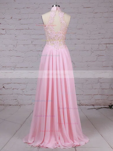 A-line High Neck Chiffon Floor-length Appliques Lace Prom Dresses #Favs020105092
