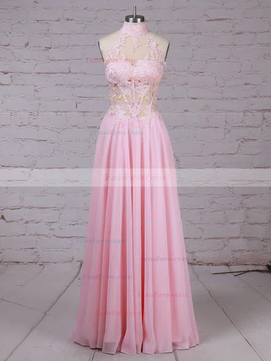A-line High Neck Chiffon Floor-length Appliques Lace Prom Dresses #Favs020105092