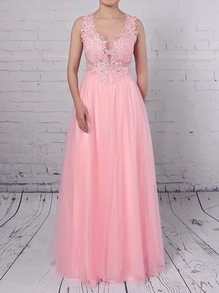 A-line V-neck Tulle Floor-length Beading Prom Dresses #Favs020105093 A-line V-neck Tulle Floor-length Beading Prom Dresses #Favs020105093