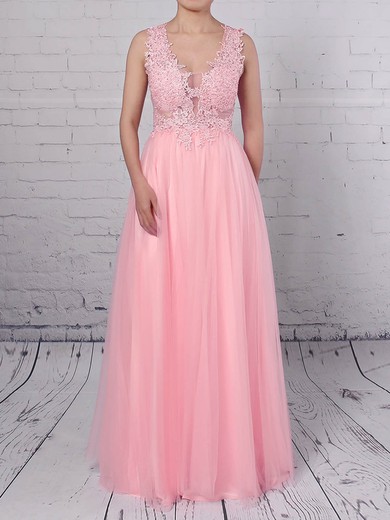A-line V-neck Tulle Floor-length Beading Prom Dresses #Favs020105093