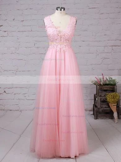 A-line V-neck Tulle Floor-length Beading Prom Dresses #Favs020105093