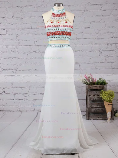 Sheath/Column Scoop Neck Jersey Sweep Train Beading Prom Dresses #Favs020101850