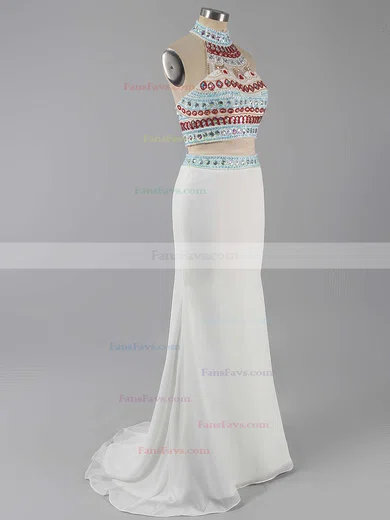 Sheath/Column Scoop Neck Jersey Sweep Train Beading Prom Dresses #Favs020101850