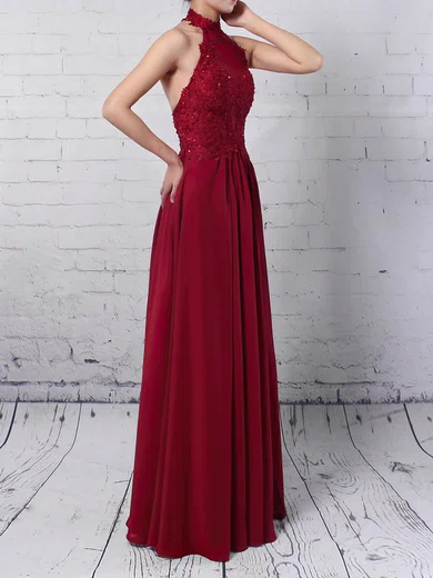 A-line Halter Chiffon Floor-length Appliques Lace Prom Dresses #Favs020105094