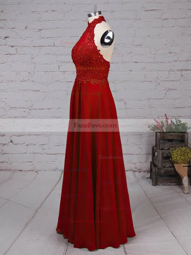 A-line Halter Chiffon Floor-length Appliques Lace Prom Dresses #Favs020105094