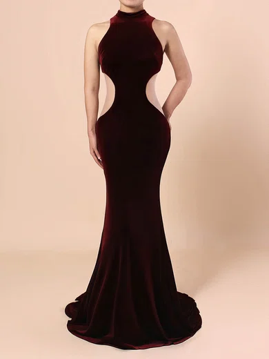Trumpet/Mermaid High Neck Velvet Sweep Train Prom Dresses #Favs020105098