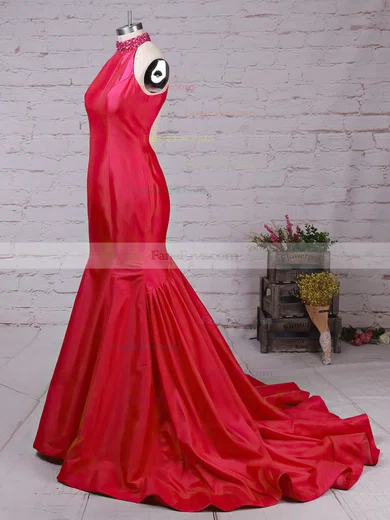 Trumpet/Mermaid High Neck Taffeta Sweep Train Beading Prom Dresses #Favs020105105