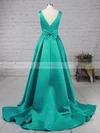 Princess V-neck Satin Sweep Train Bow Prom Dresses #Favs020105106