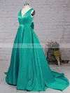 Princess V-neck Satin Sweep Train Bow Prom Dresses #Favs020105106