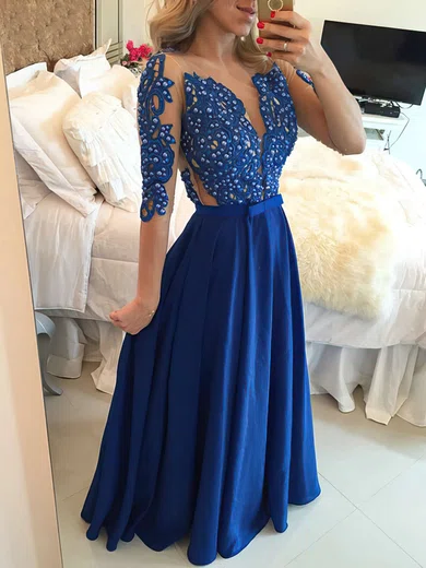 A-line Scoop Neck Chiffon Floor-length Appliques Lace Prom Dresses #Favs020101864