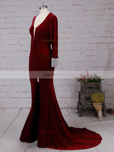 Trumpet/Mermaid V-neck Velvet Sweep Train Beading Prom Dresses #Favs020105108