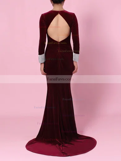 Trumpet/Mermaid V-neck Velvet Sweep Train Beading Prom Dresses #Favs020105108