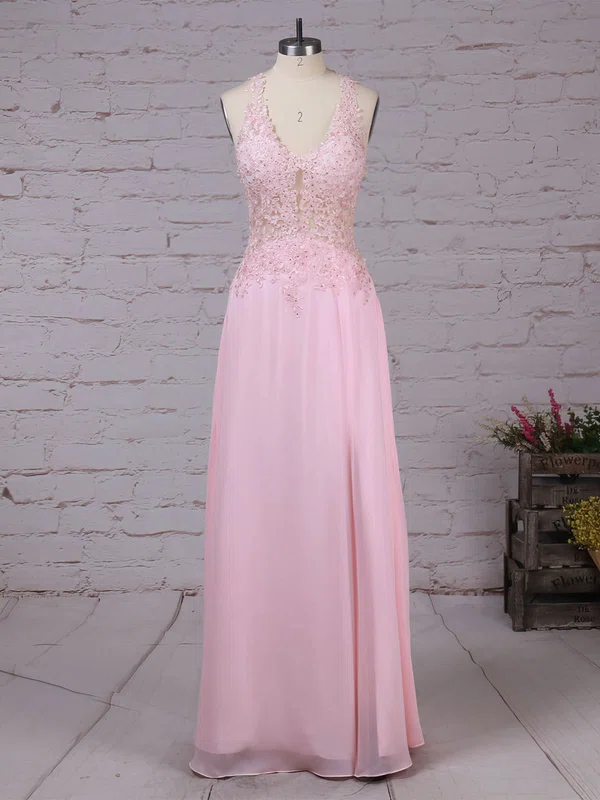 A-line V-neck Chiffon Floor-length Appliques Lace Prom Dresses #Favs020105116