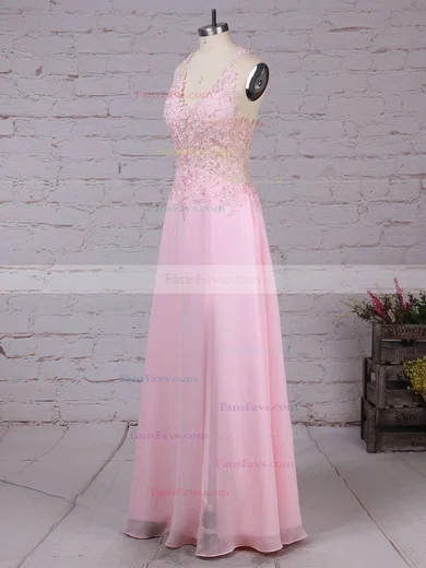 A-line V-neck Chiffon Floor-length Appliques Lace Prom Dresses #Favs020105116
