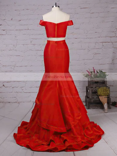 Trumpet/Mermaid Off-the-shoulder Satin Organza Sweep Train Tiered Prom Dresses #Favs020105124