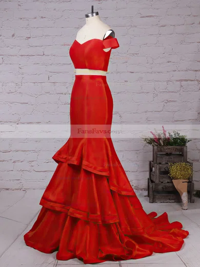 Trumpet/Mermaid Off-the-shoulder Satin Organza Sweep Train Tiered Prom Dresses #Favs020105124