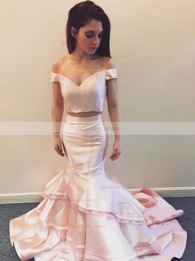 Trumpet/Mermaid Off-the-shoulder Satin Organza Sweep Train Tiered Prom Dresses #Favs020105124