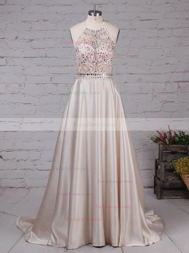 Ball Gown Scoop Neck Satin Sweep Train Beading Prom Dresses #Favs020105136