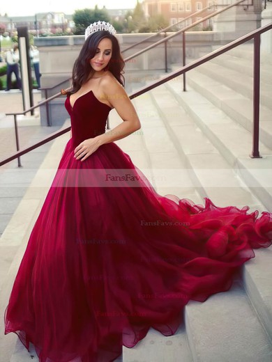 Ball Gown V-neck Organza Velvet Sweep Train Prom Dresses #Favs020105825