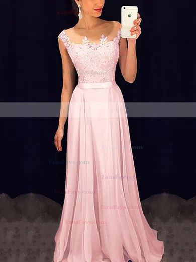 A-line Scoop Neck Chiffon Floor-length Appliques Lace Prom Dresses #Favs020101989
