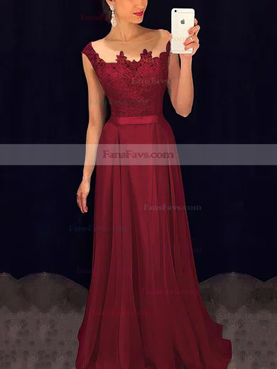 A-line Scoop Neck Chiffon Floor-length Appliques Lace Prom Dresses #Favs020101989