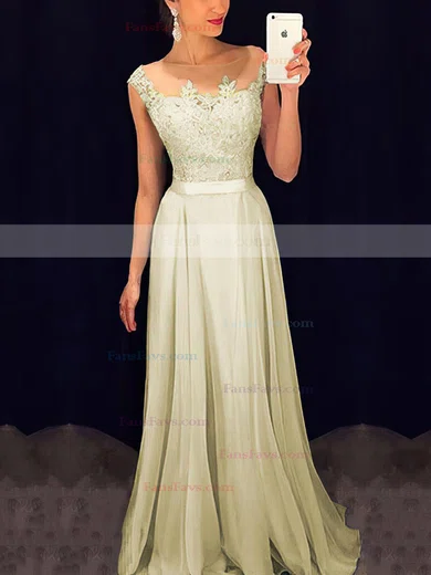 A-line Scoop Neck Chiffon Floor-length Appliques Lace Prom Dresses #Favs020101989