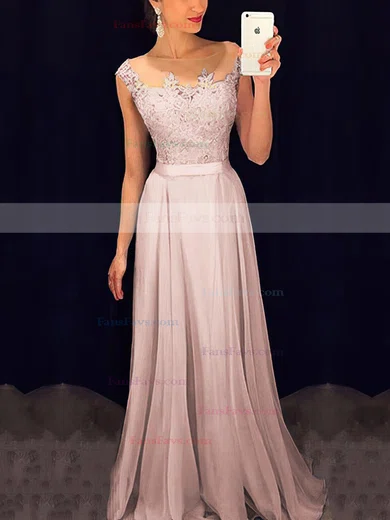 A-line Scoop Neck Chiffon Floor-length Appliques Lace Prom Dresses #Favs020101989